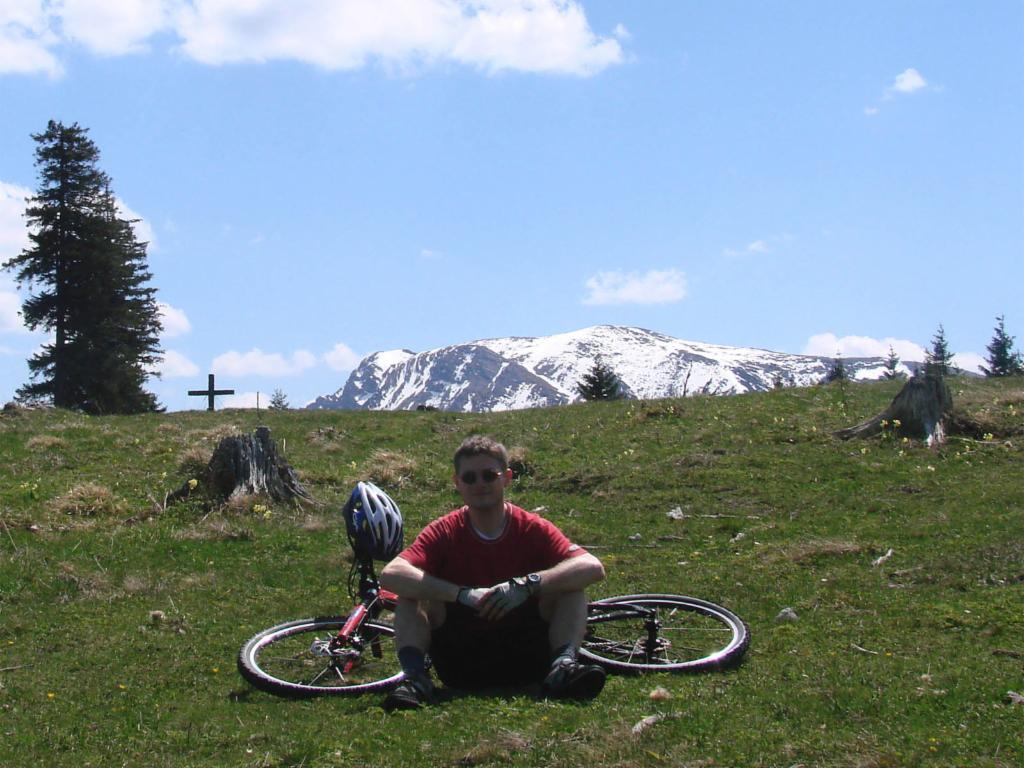 Gipfelkreuz in Sicht, dahinter der Gr. Ötscher