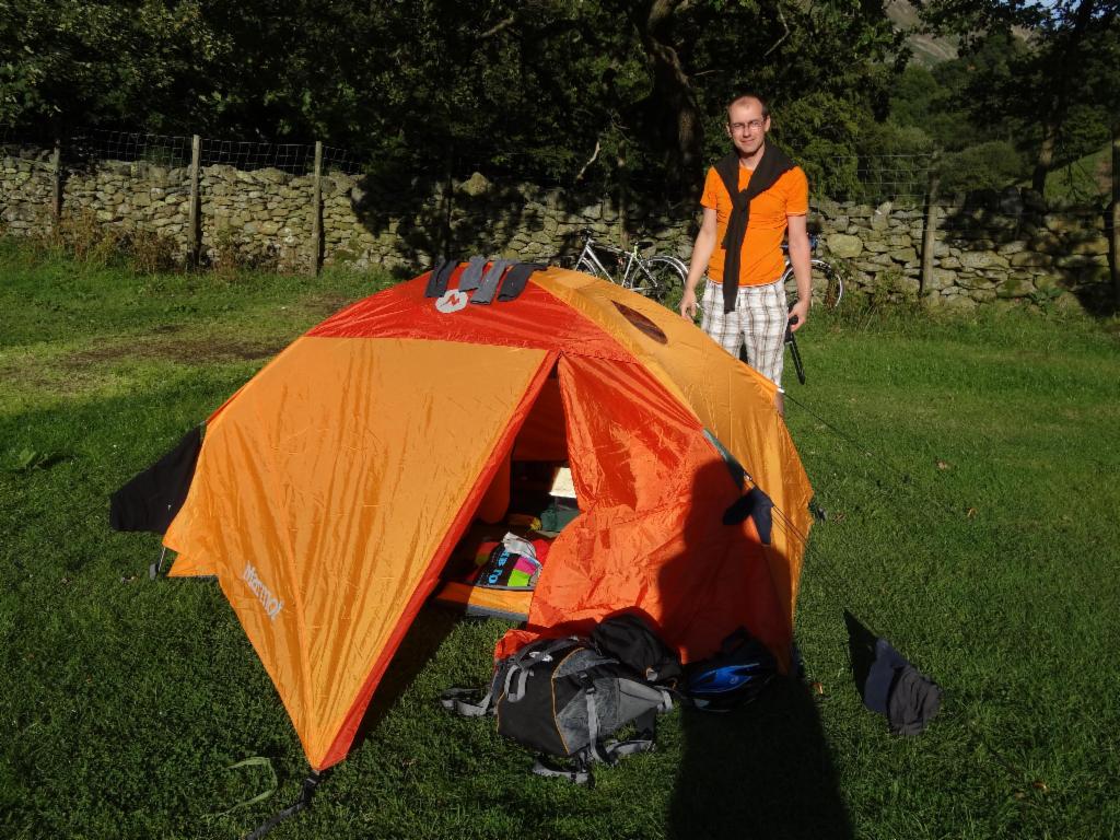 Finally dry conditions: First time we set up the tent at Gillside Camping, Glenridding.