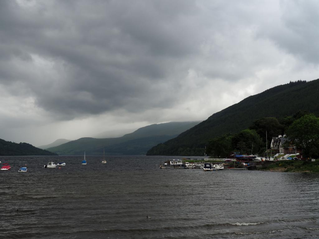 Threatening dark clouds over Loch Tay in Kenmore