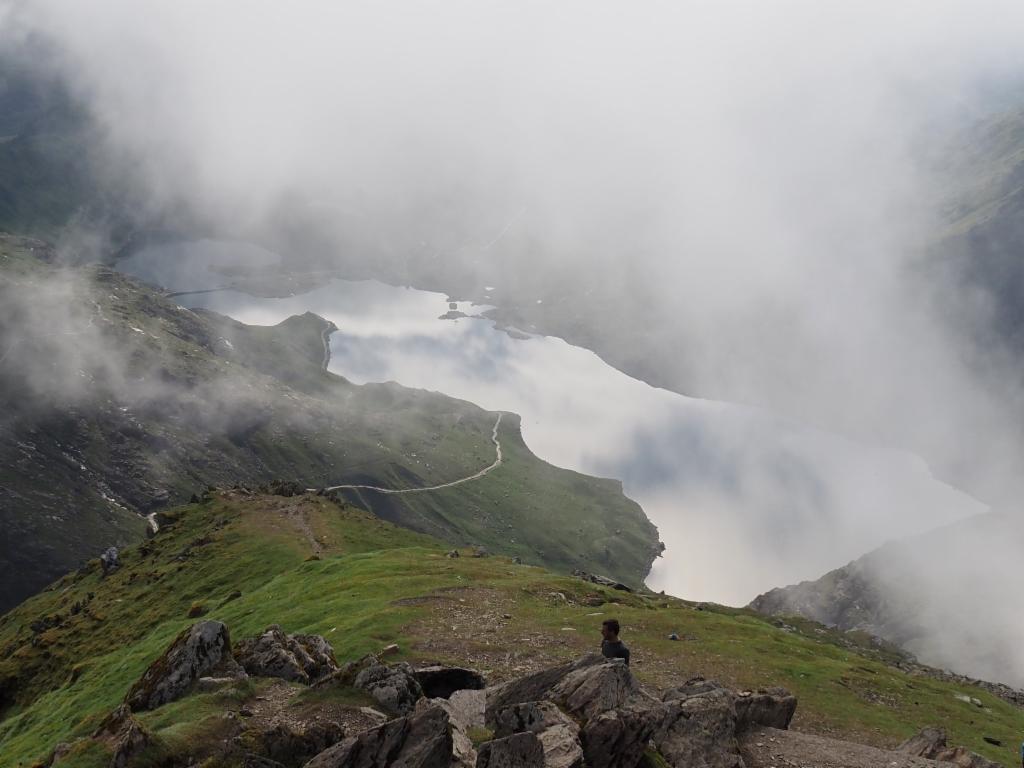 Llyn Llydaw appears through the clouds