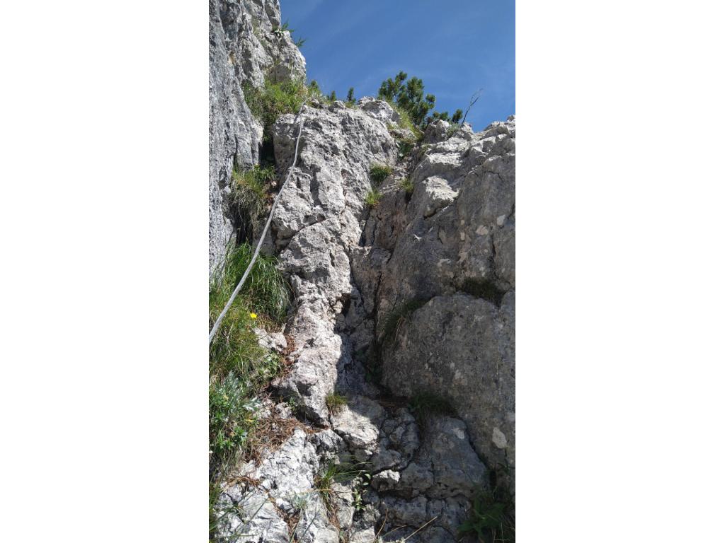 Die drahtseilversicherte Felsstufe im Aufstieg zum Niederen Kalmberg