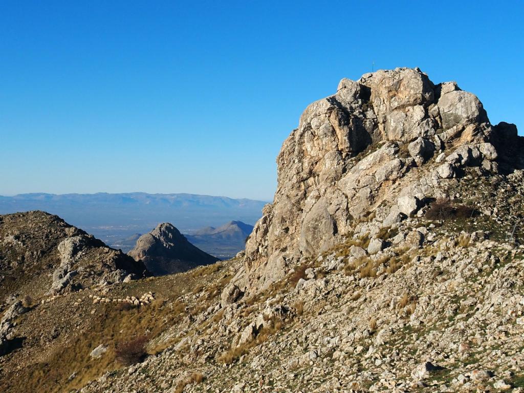 Schafherde unterm Hauptgipfel, dazwischen der Pe&ntilde;&oacute;n de la Mata