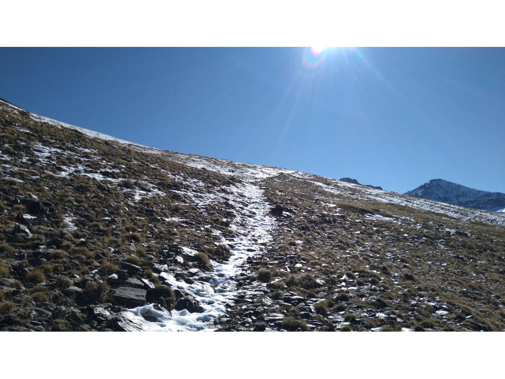 Der Schnee sammelt sich am Weg.