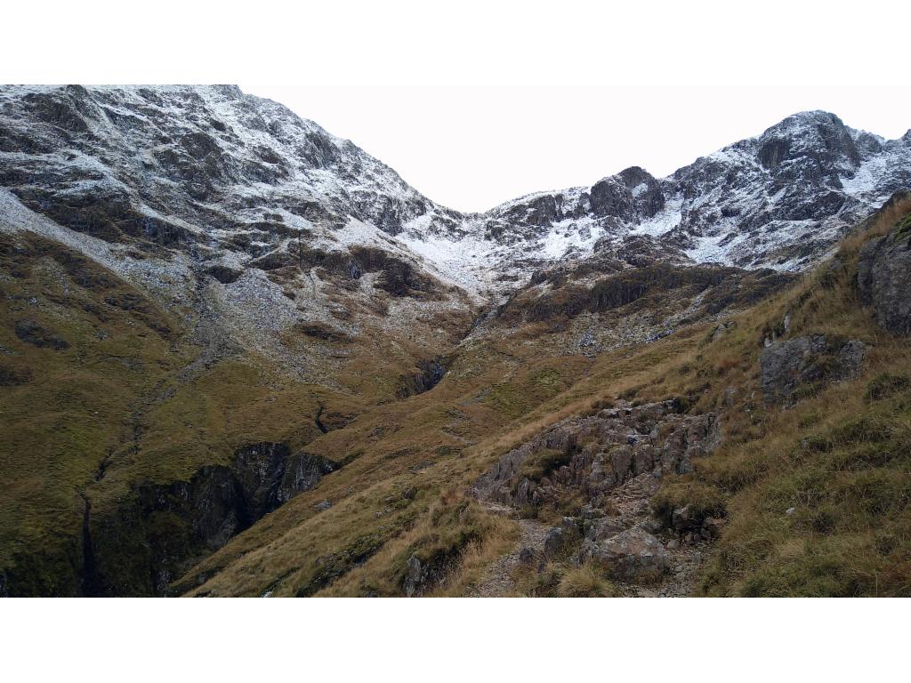 Looking back at the wintery slopes of Bealach Dearg