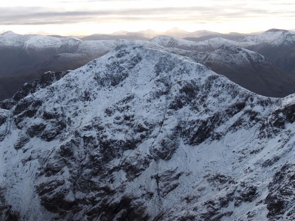 Stob Coire Sgreamhach from Stob Coire nan Lochan, with path descending from Bealach Dearg on the right